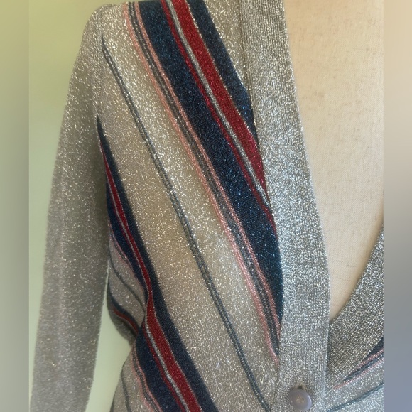 Vintage lurex cardigan Renee Tener for Outlander. Silver w/multi stripe. 70s XS - Picture 5 of 14